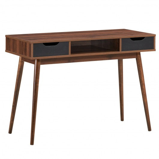Stylish Computer Desk Workstation with 2 Drawers and Solid Wood Legs-Walnut