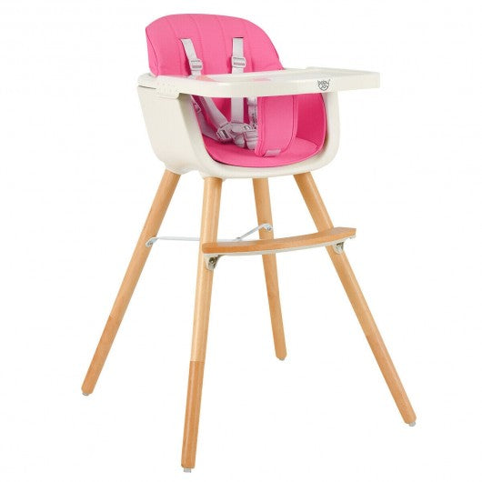 3 in 1 Convertible Wooden High Chair with Cushion-Pink