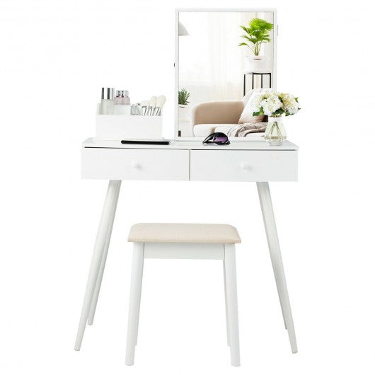 Vanity Dressing Table Set Lockable Jewelry Cabinet with Mirror-White