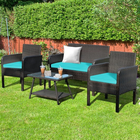 4Pcs Patio Rattan Wicker Furniture Set Conversation Sofa Bench Cushion-Turqiose