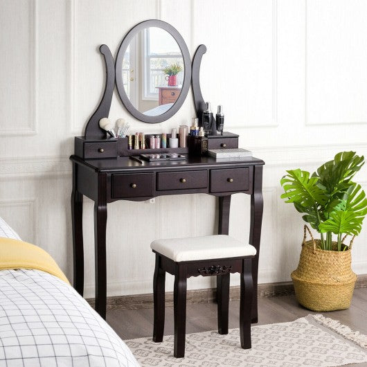Vanity Set with Removable Makeup Organizer and Comfortable Cushioned Stools-Brown