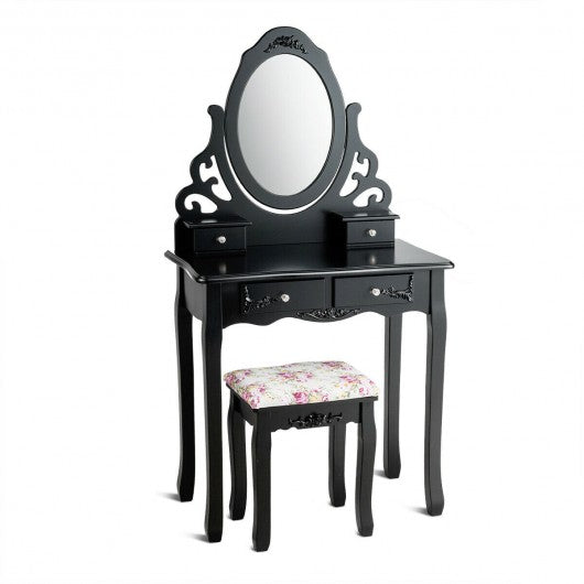 4 Drawers Vanity Wood Makeup Dressing Table Set with Mirror-Black