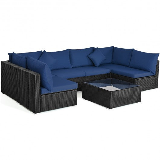 7-Piece Outdoor Wicker Patio Sofa Set with 2 Pillows and Cushions-Navy