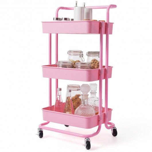 3-Tier Utility Cart Storage Rolling Cart with Casters-Pink