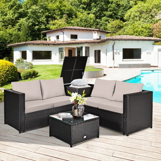 4 Pcs Rattan Patio Furniture Set with Cushions