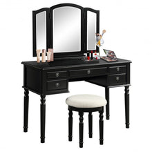 Load image into Gallery viewer, Tri-Fold Mirror Table Stool Wooden Vanity Make Up Dressing Set-Black
