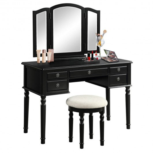 Tri-Fold Mirror Table Stool Wooden Vanity Make Up Dressing Set-Black