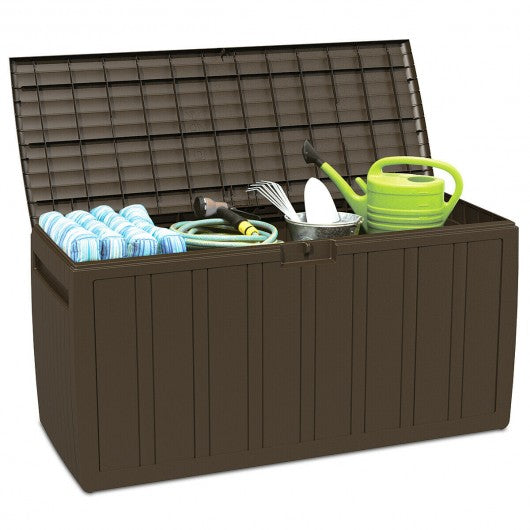 80 Gallon Plastic Deck Storage Box Tool Box Patio Storage Container-Brown