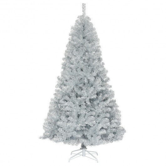 7.5Ft Hinged Unlit Artificial Silver Tinsel Christmas Tree