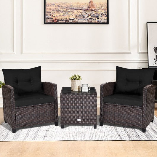 3 Pcs Patio Rattan Furniture Set Cushioned Conversation Set Coffee Table -Black