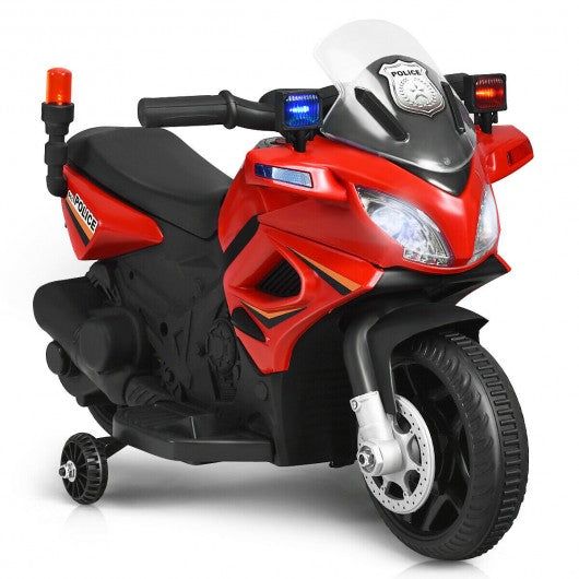 6V Kids 4-Wheel Ride On Police Motorcycle with Training Wheels-Red