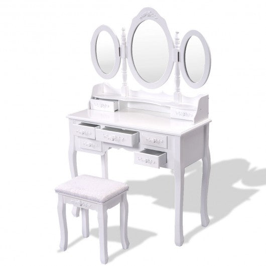 Black/White Vanity Makeup Dressing Table w/ Tri Folding Mirror + 7 Drawers-White