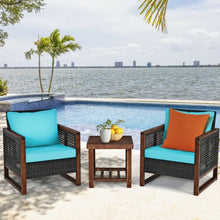 Load image into Gallery viewer, 3 pcs Patio Wicker Furniture Sofa Set with Wooden Frame and Cushion-Turquoise
