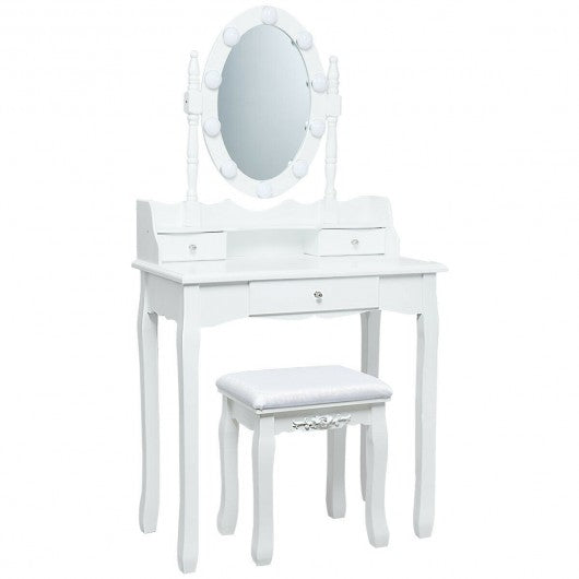 Oval Mirror Vanity Set  with 10 LED Dimmable Bulbs and 3 Drawers-White