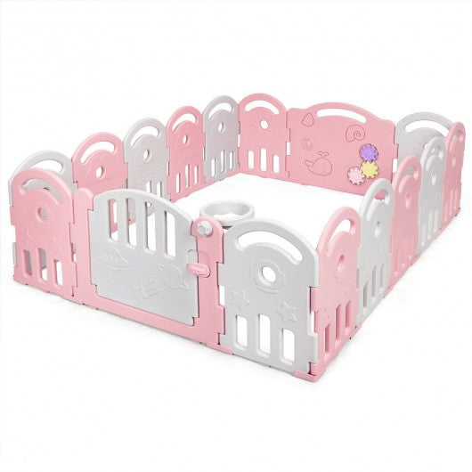 16-Panel Baby Playpen with Music Box & Basketball Hoop-Pink