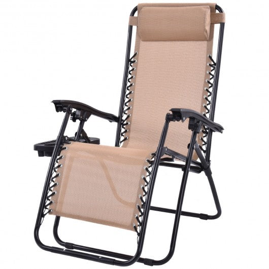 Outdoor Folding Zero Gravity Reclining Lounge Chair w/ Utility Tray-Beige