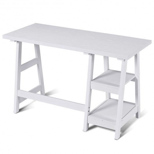 Modern Trestle Computer Desk Writing Laptop Table W/2 Open Tiers Shelves White-White