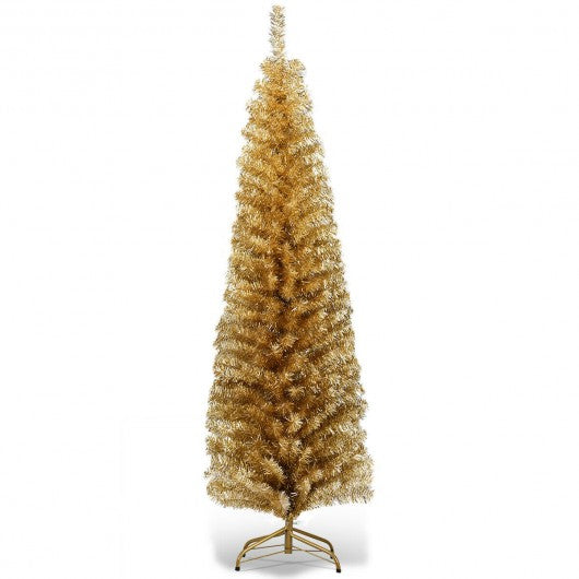 6 ft Tinsel Tree Unlit Slim Pencil Christmas Tree-Champagne