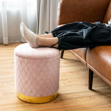 Load image into Gallery viewer, Round Storage Ottoman with Exquisite Pattern and Golden Metal Base for Bedroom
