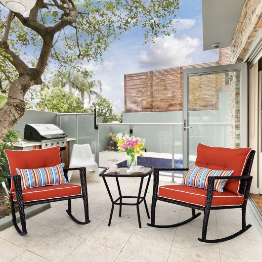 3-Pc Rattan Rocking Chair and Coffee Table Furniture Set-Red