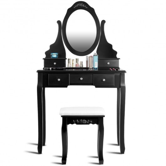 Wooden Vanity Set with 360� Rotating Oval Mirror and Cushioned Stool-Black