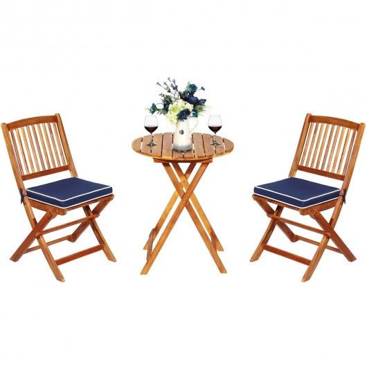 3PCS Patio Folding Wooden Bistro Set Cushioned Chair -Navy