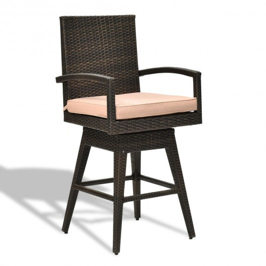 Outdoor Wicker Swivel Bar Stool Chair w/ Seat Cushion