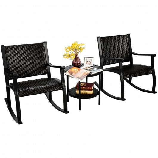 3 Pcs Patio Rattan Rocking Chair Bistro Set with Coffee Table for Poolside Lawn