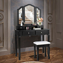 Load image into Gallery viewer, Tri Folding Mirror Vanity Table Stool Set with 4 Drawers-Black
