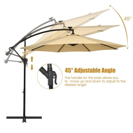 10 Ft Solar LED Offset Umbrella with 40 Lights and Cross Base for Patio-Tan