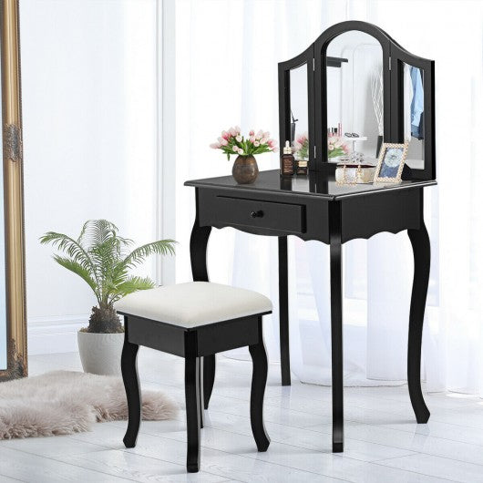 Vanity Makeup Dressing Table Set with Tri-Folding Mirror and Drawer-Black