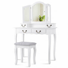 Load image into Gallery viewer, Tri Folding Mirror Makeup Dressing Vanity Set with 4 Drawers-White
