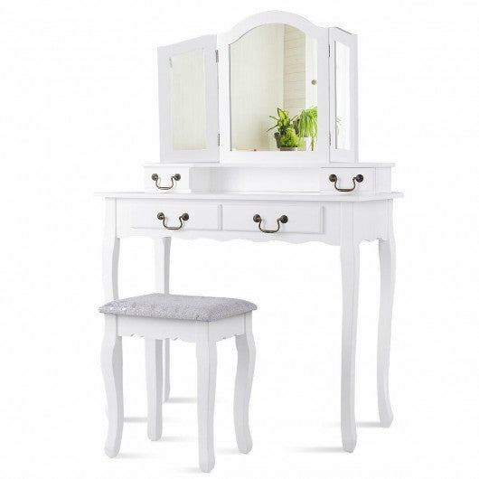 Tri Folding Mirror Makeup Dressing Vanity Set with 4 Drawers-White