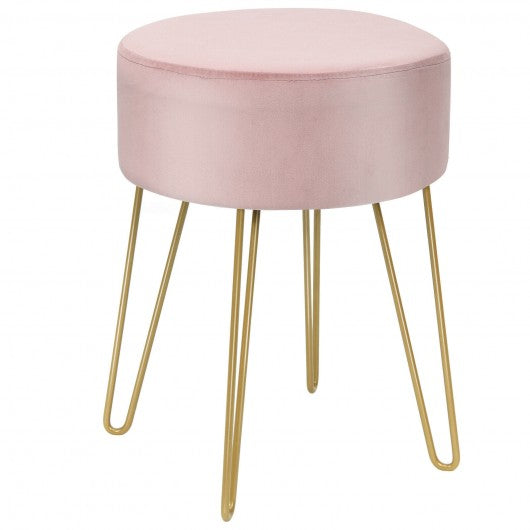 Round Velvet Ottoman Footrest Stool Side Table Dressing Chair w/ Metal Legs-Pink