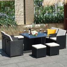Load image into Gallery viewer, 9 Pcs Patio Rattan Dining Set Chairs Ottoman Cushioned Glass Table Top

