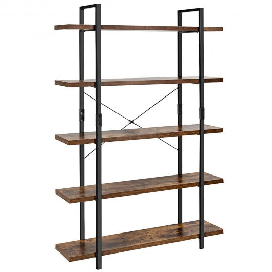 5-Tier Industrial Bookshelf Bookcase Open Storage Shelf Display Rack-Brown
