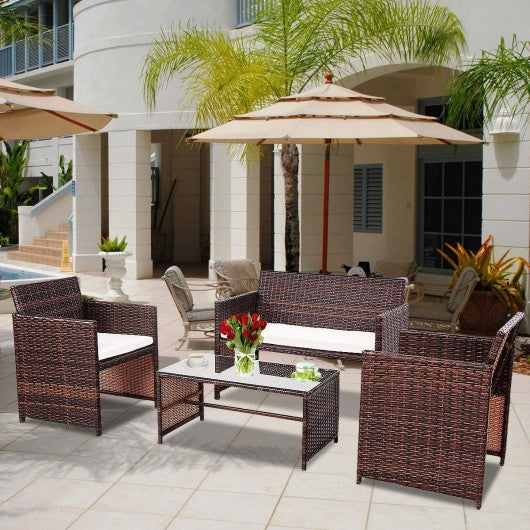 4 PC Rattan Patio Furniture Set Garden Sofa Cushioned Seat Sofa