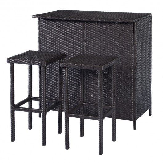 3 pcs Patio Outdoor Rattan Wicker Bar Table and 2 Stools