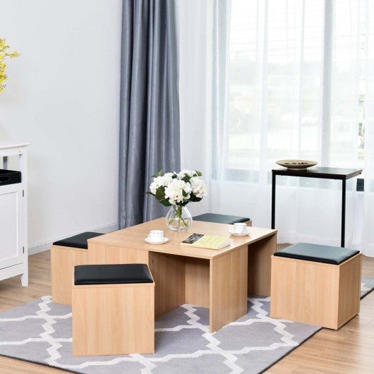 5 pcs Wood Living Room Table Set with 4 Storage Ottoman Stool