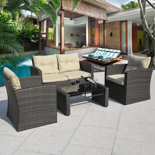 4 pcs Outdoor Wicker Rattan Cushioned Patio Seat
