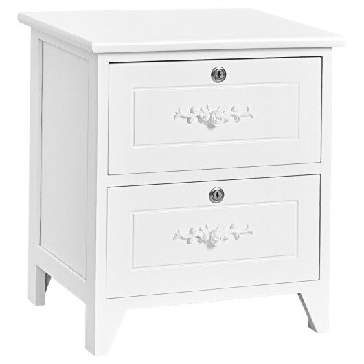 Solid Wood Elegant Storage Nightstand w/ 2 Locking Drawers-White