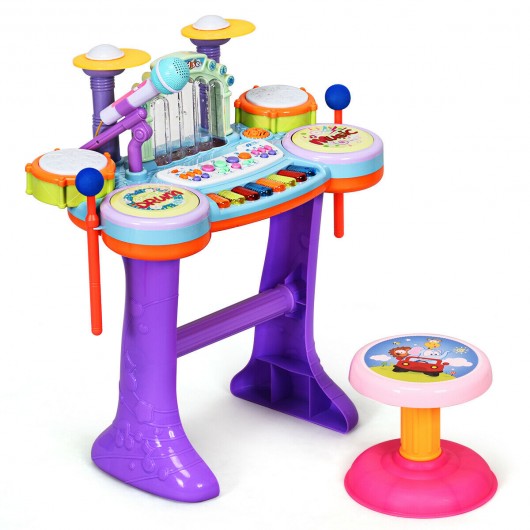 3 in 1 Kids Piano Keyboard Drum Set with Music Fountain