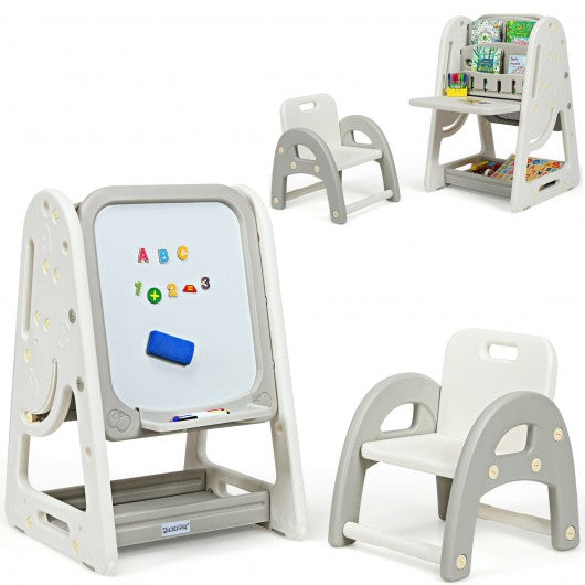 2 in 1 Kids Easel Desk Chair Set Book Rack Adjustable Art Painting Board-Gray