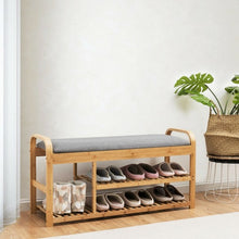 Load image into Gallery viewer, 3-Tier Bamboo Shoe Rack Bench with Cushion-Natural
