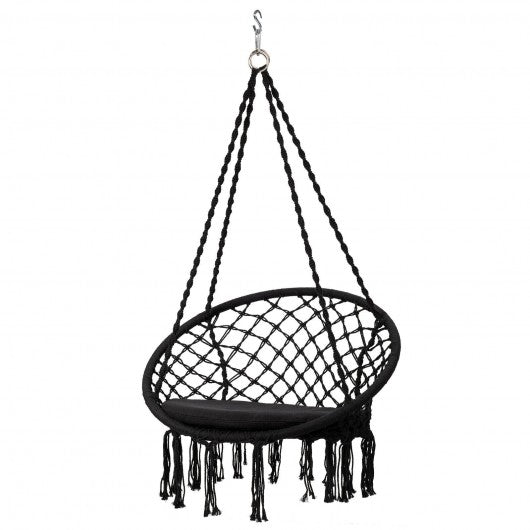 Macrame Cushioned Hanging Swing Hammock Chair-Black