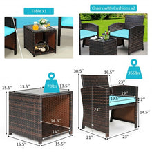 Load image into Gallery viewer, 3 Pieces PE Rattan Wicker Furniture Set with Cushion Sofa Coffee Table for Garden-Turquoise
