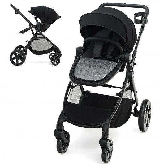 Foldable High Landscape Baby Stroller with Reversible Reclining Seat-Gray