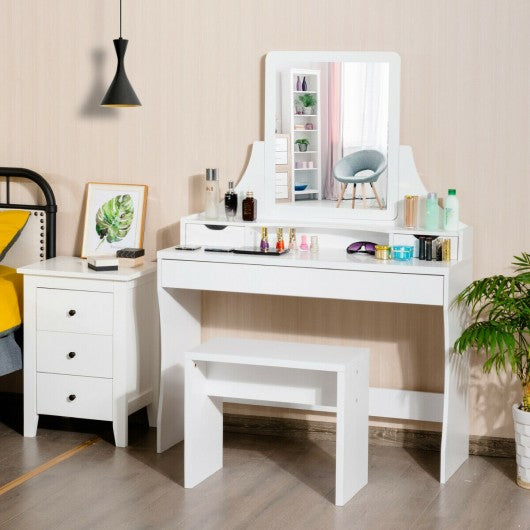 Vanity Wooden Makeup Dressing Table Stool Set with Mirror
