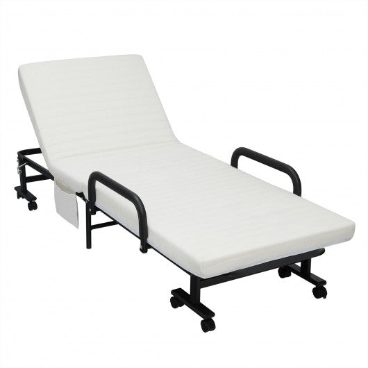 Folding Adjustable Guest Single Bed Lounge Portable with Wheels-White