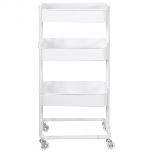 3-Tier Metal Rolling Storage Cart Mobile Organizer with Adjustable Shelves-White